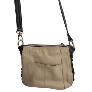 Tignanello Taupe Black Leather Crossbody Bag Studded Accents Silver Hardware